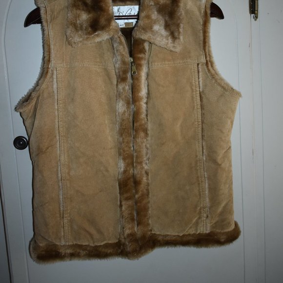 D' Carlo Leather Vest M Faux Fur Zip Closure Tan Pockets - Picture 4 of 12